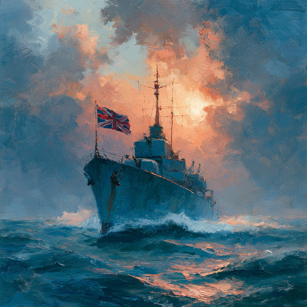 Capricorn 18 - A British warship at sea with the Union Jack flying proudly against a dramatic sky
