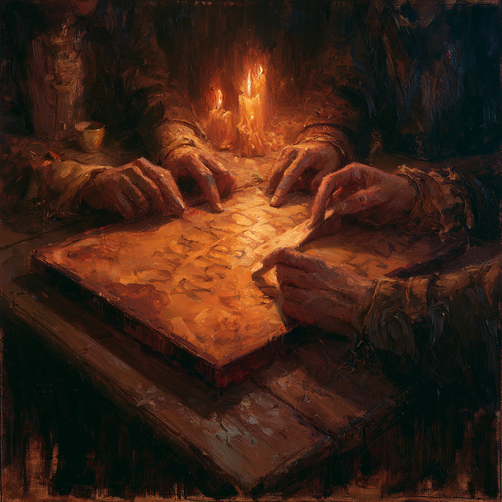 Men reading a ouija board on a table under the light of candles