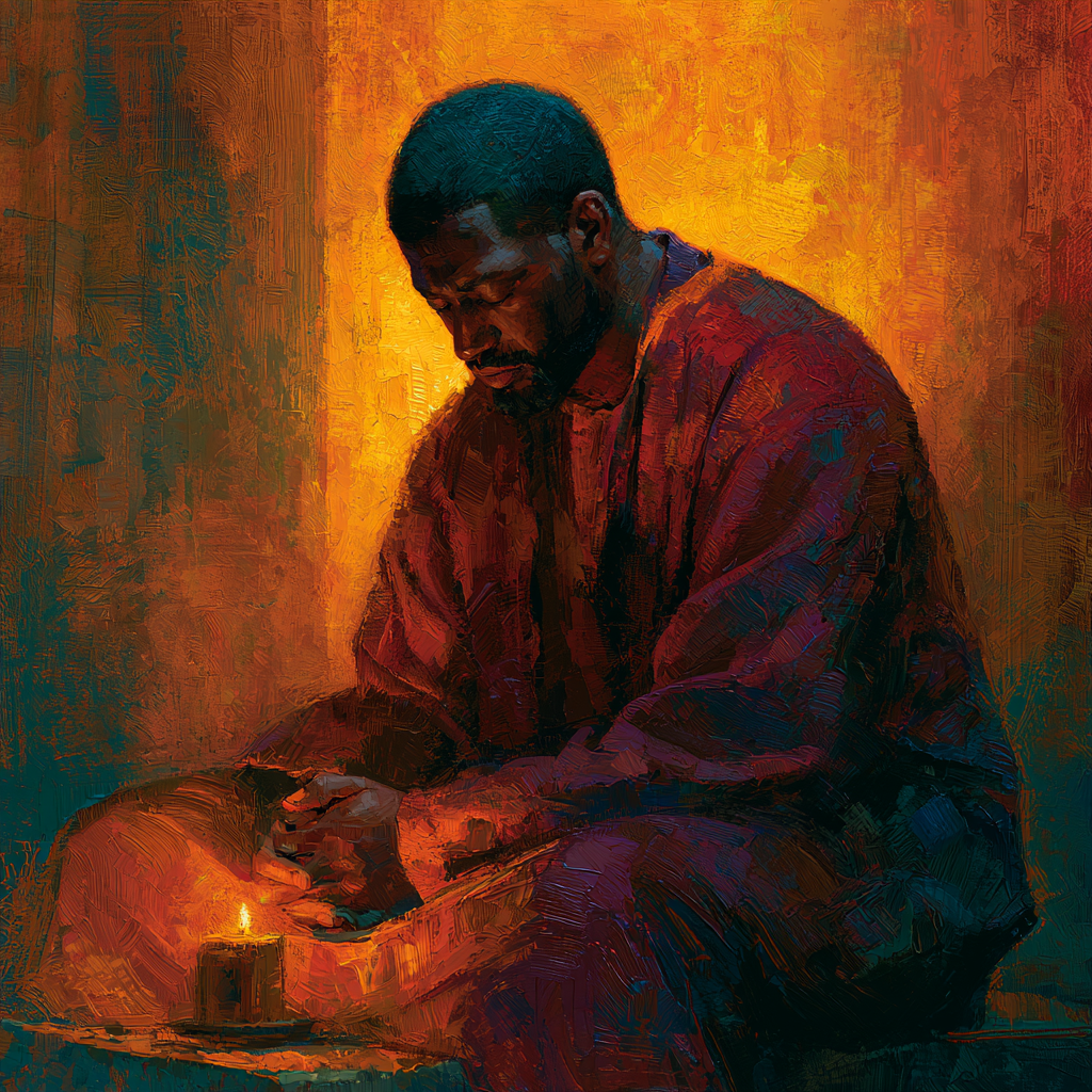 Aquarius 11 - A black man seated in quiet solitude by candlelight