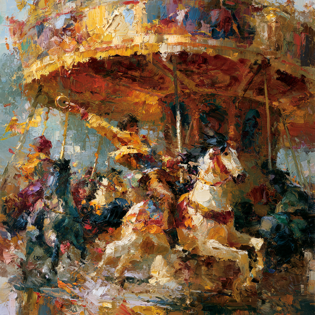 A brightly painted old-fashioned carousel in full motion