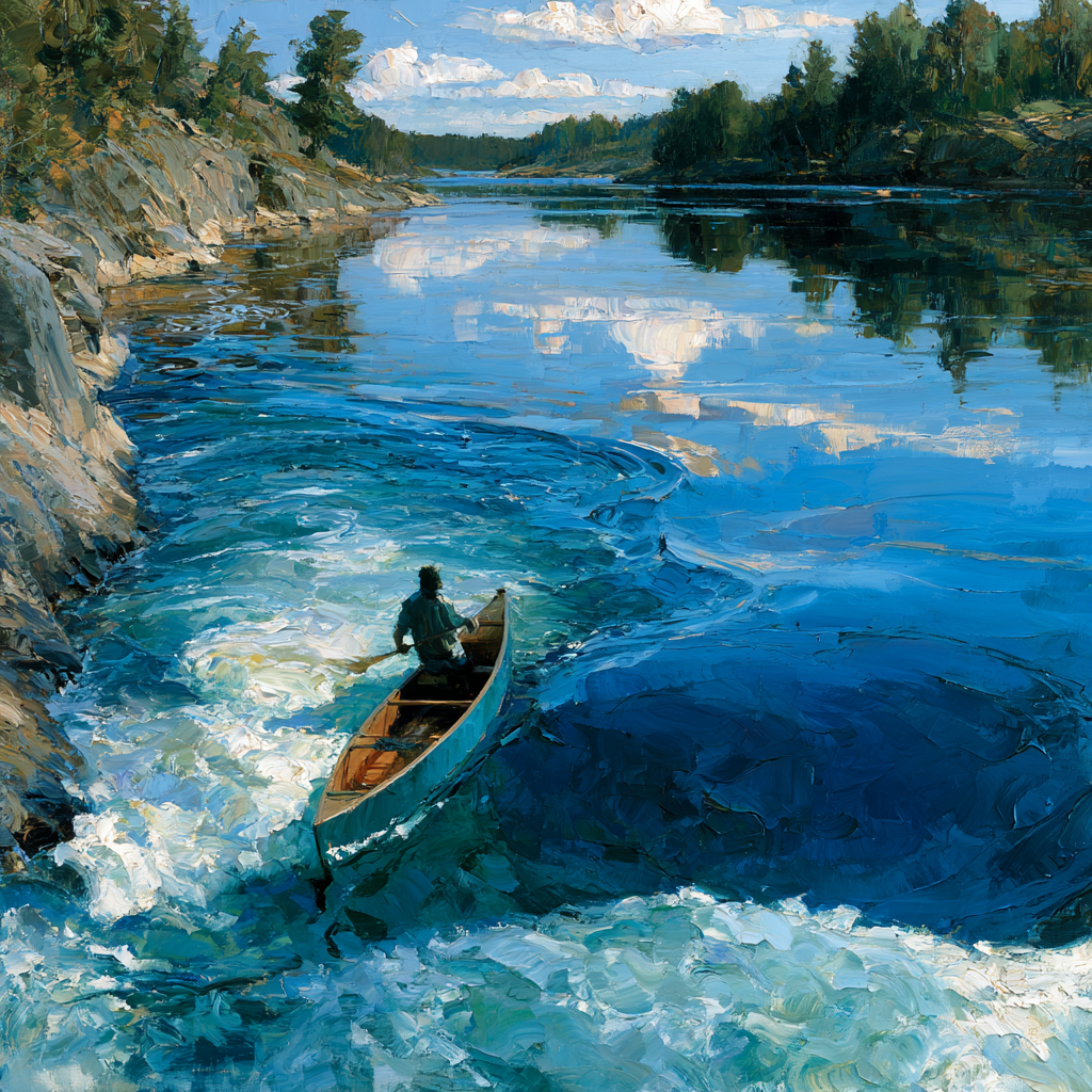 A canoe gliding out of narrow, churning white water into a wide, still, reflective stretch of river 