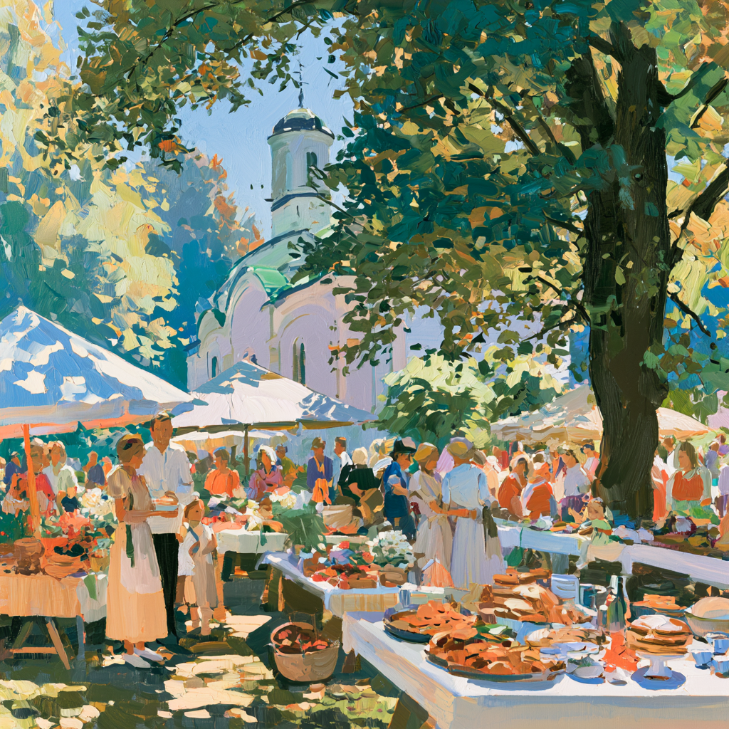 Pisces 5 - A cheerful outdoor church bazaar with tables of homemade goods, and baked treats, a small chapel visible