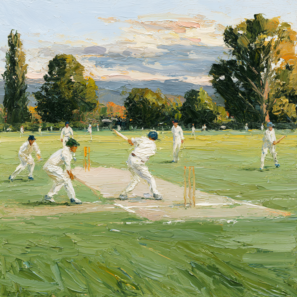 Saggitarius 6 - A cricket match on a green English field under soft afternoon light
