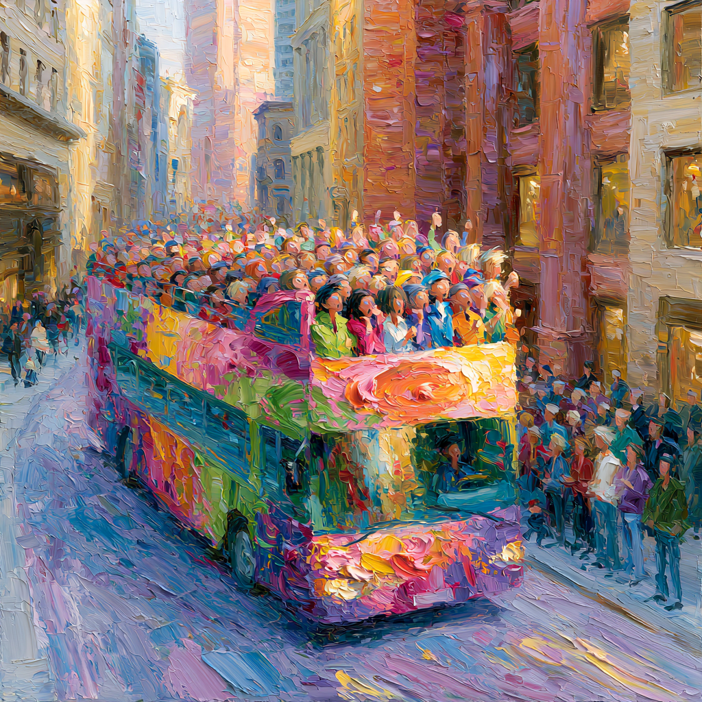 A crowded sightseeing bus moving slowly down a bustling city street, passing by tall buildings and passing life