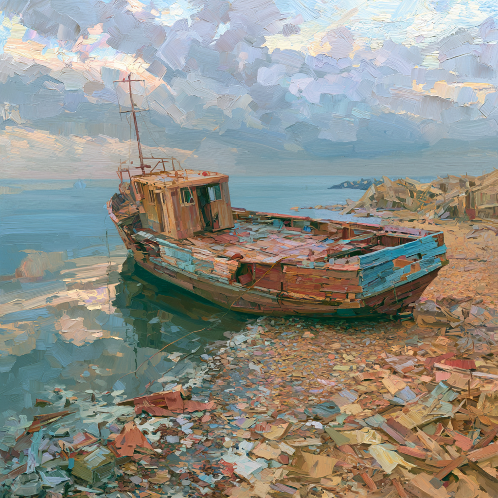 A damaged wooden boat landing on a shoreline after a storm