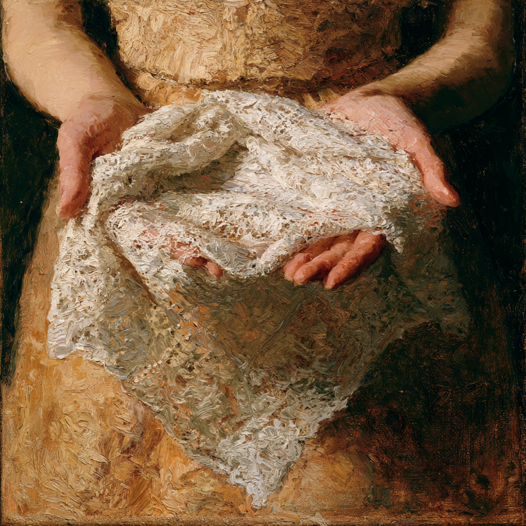 A delicate antique lace handkerchief draped over a woman's open hands