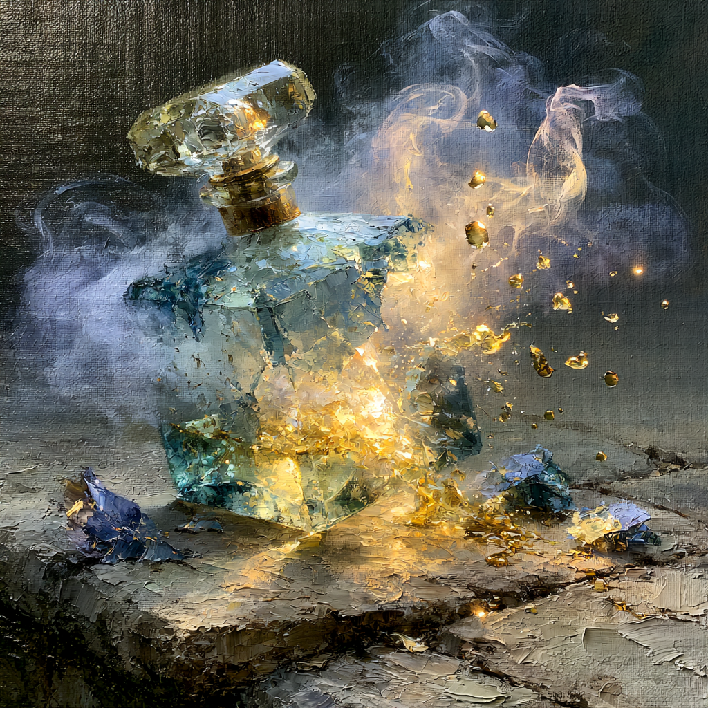 A delicate glass perfume bottle shattered on a stone floor