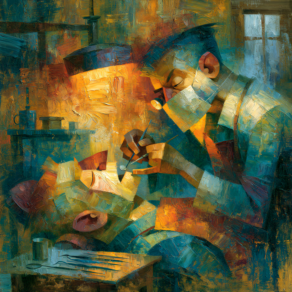 A dentist with a mask carefully examining a patient under focused warm light