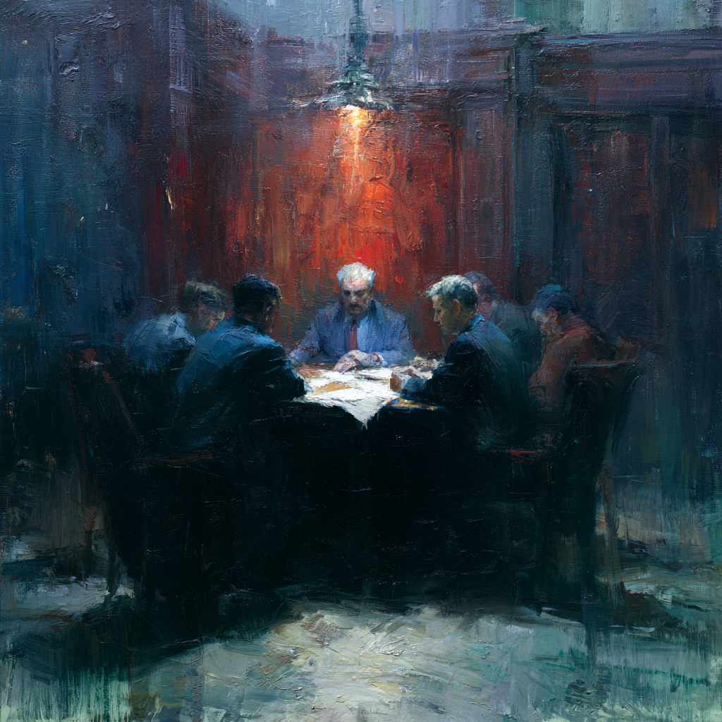 Capricorn 30 - A dimly lit boardroom where a small group of manly figures confer intently around a table