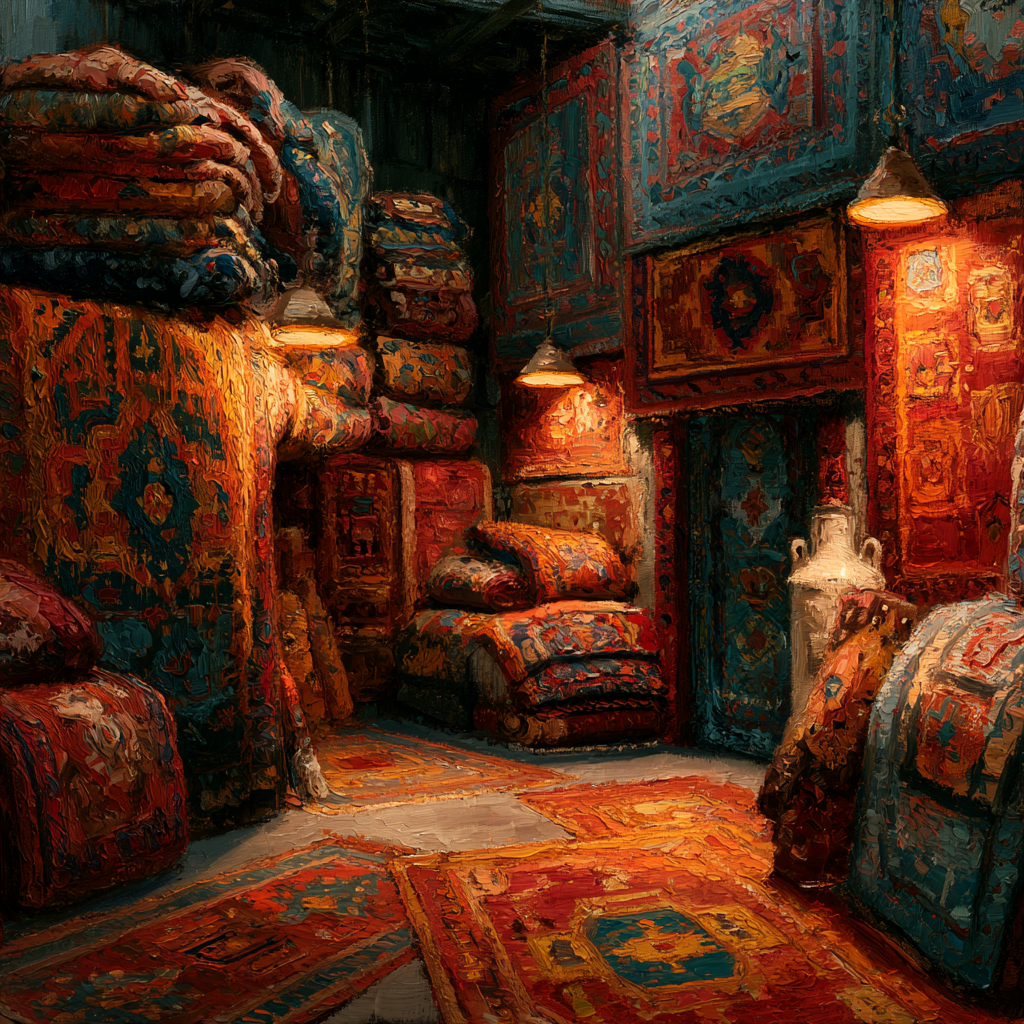 Capricorn 25 - A dimly lit shop interior stacked high with richly patterned oriental rugs