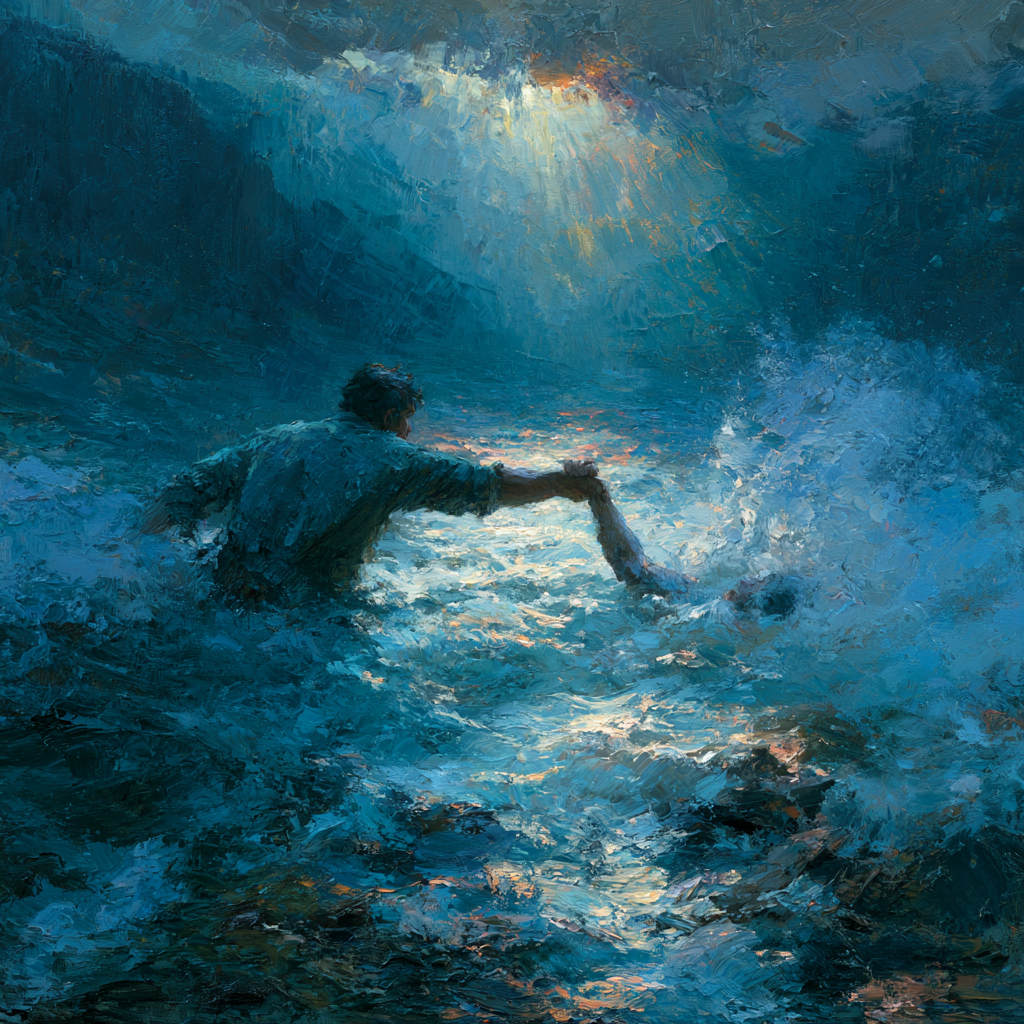 A rescuer reaching through churning water to grasp a drowning figure's hand
