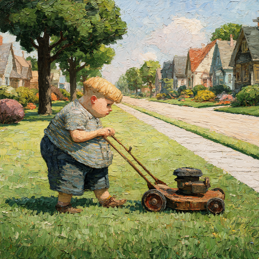 Sagittarius 29 - A fat boy pushing an old-fashioned lawn mower across a neat suburban front yard