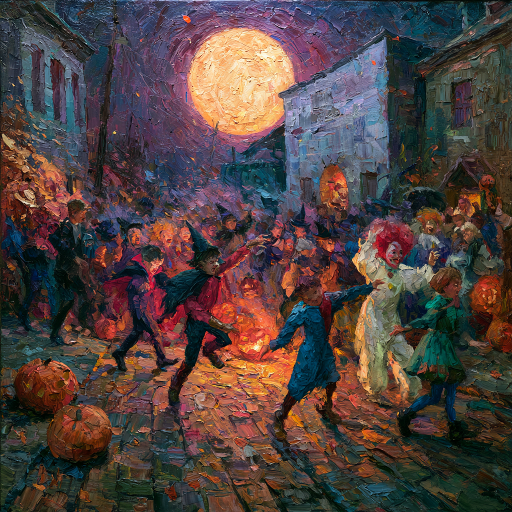 A few children in Halloween costumes (vampires, witchses, clowns, etc.) playing pranks on a moonlit street, jack-o'-lanterns glowing warmly