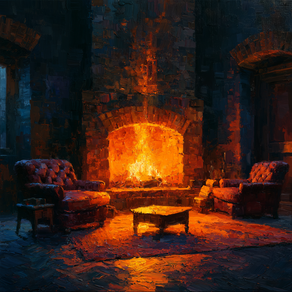 A fireplace blazing vigorously in a home where no one is present 