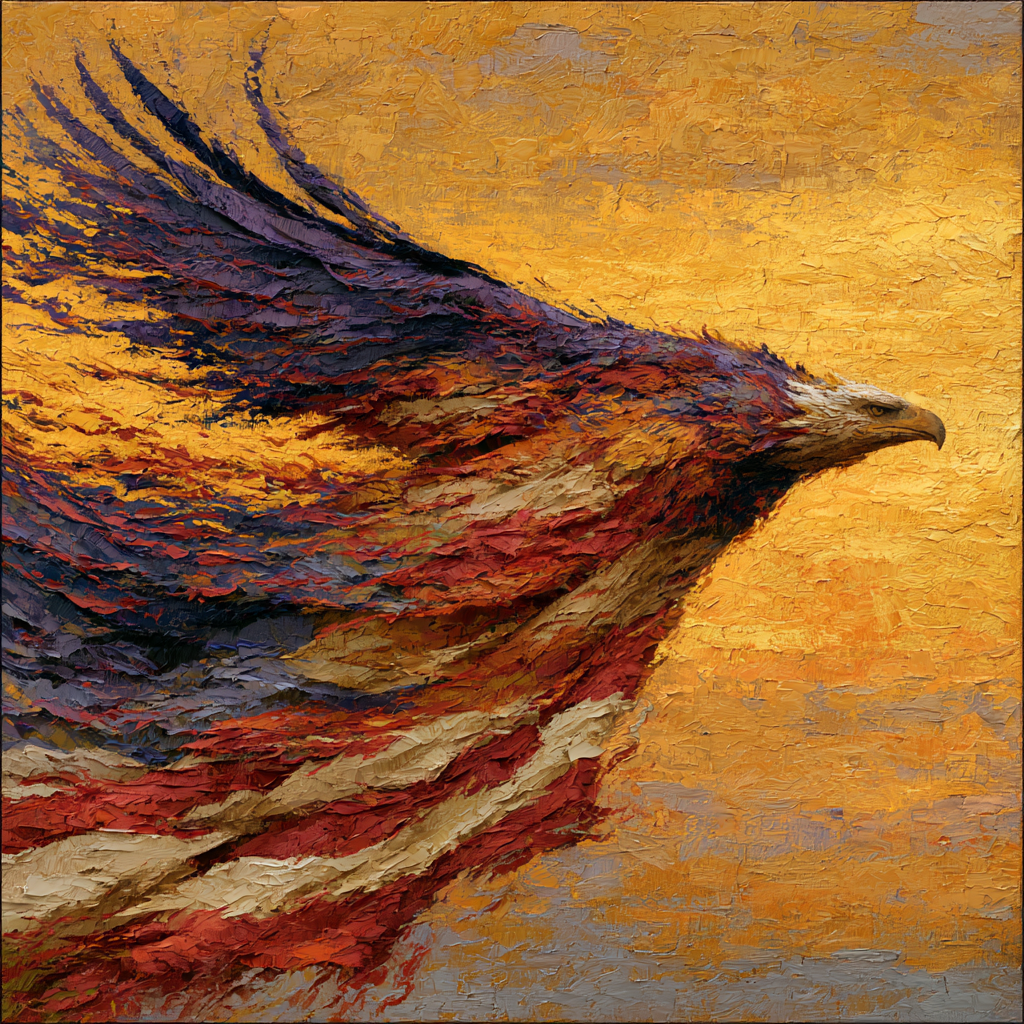 Sagittarius 12 - A flag mid-transformation into a soaring eagle silhouetted against a golden dawn sky