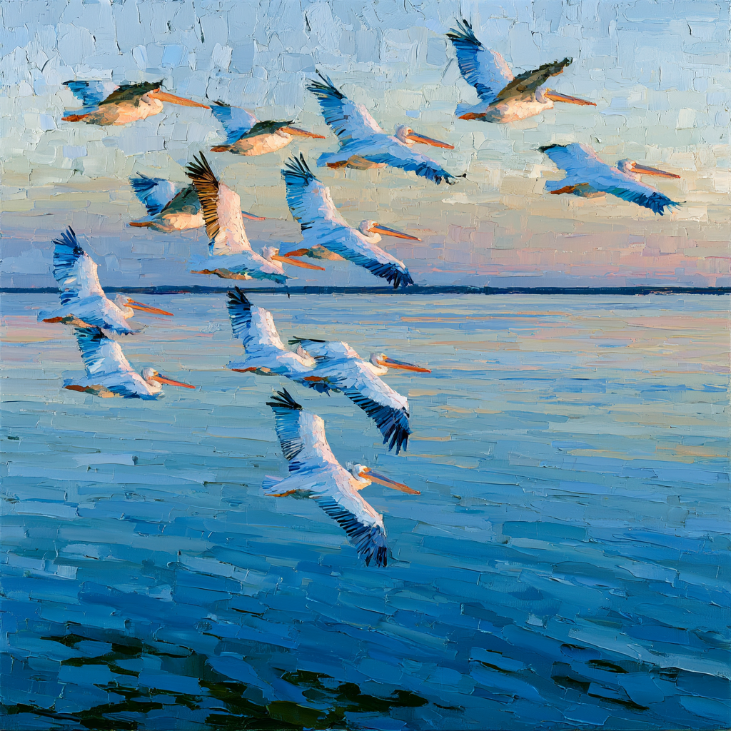Sagittarius 19 - A flock of pelicans taking flight together over open water