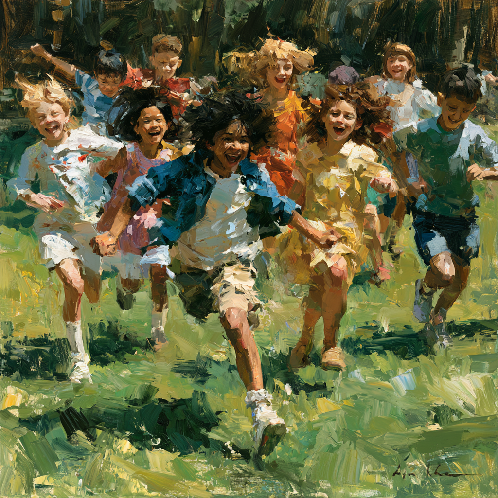 A group of children of different ethnicities running and playing together