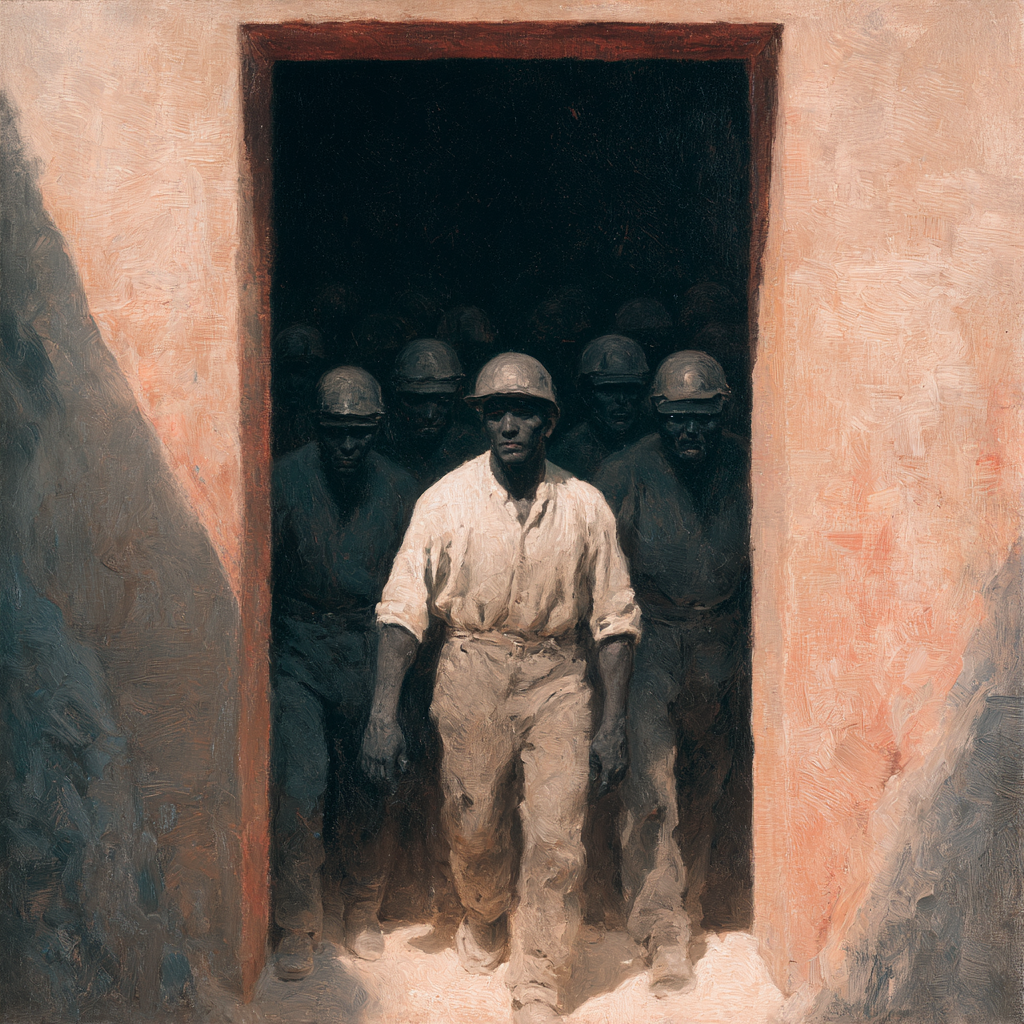 A group of coal miners emerging from the dark entrance of a mine shaft into the daylight