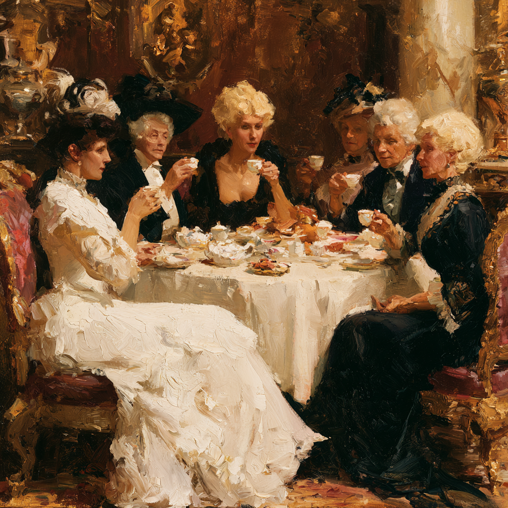 A group of elegantly dressed older women gathered around a formal tea table