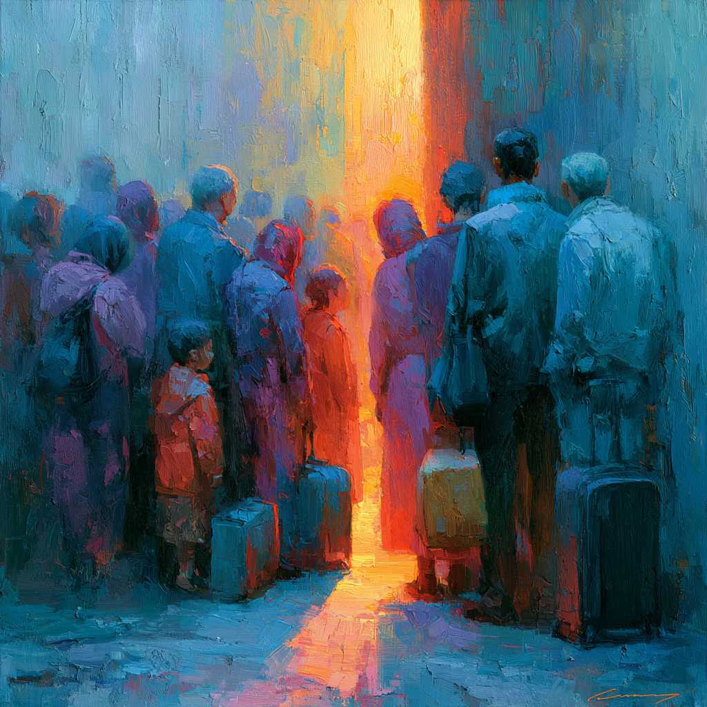 Sagittarius 23 - A group of immigrants standing at a border checkpoint with their belongings