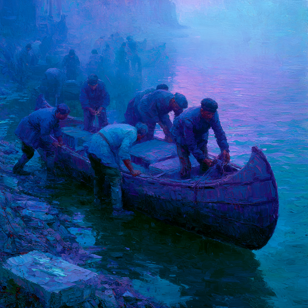 Capricorn 4 - A group of people carefully loading and preparing a large wooden canoe at a riverbank