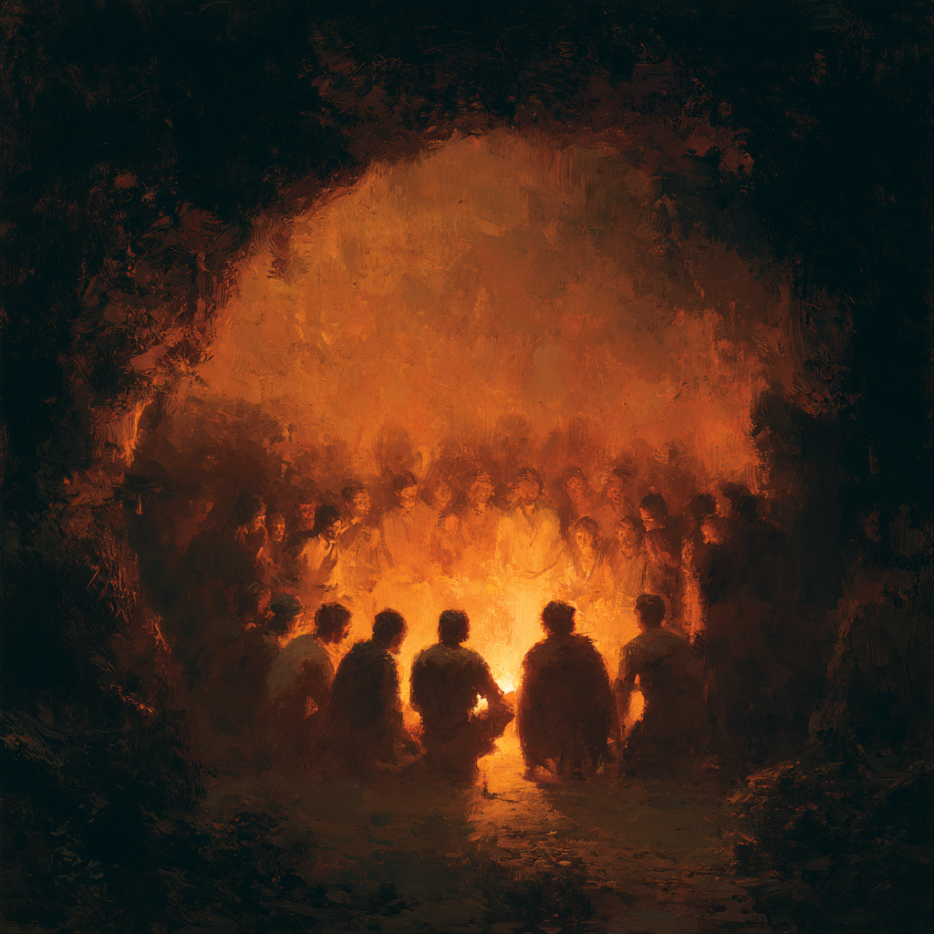 A group of shadowy figures gathered in a hidden cave
