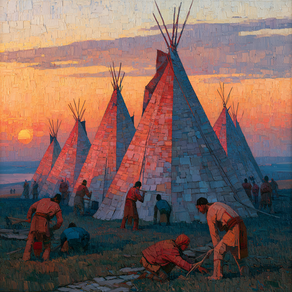 A group setting up a traditional encampment at dusk in an open landscape, tepees rising against a warm sunset sky