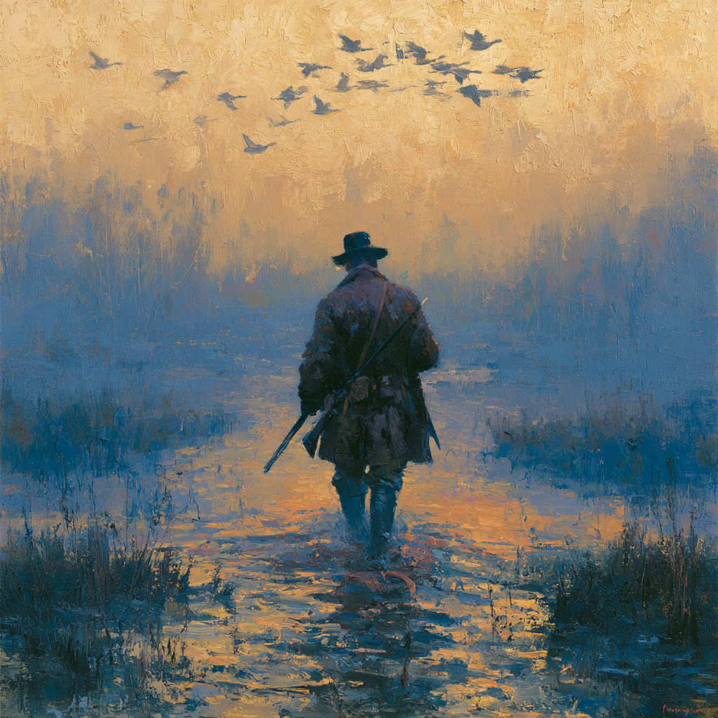A hunter wading through misty marshland at dawn, shotguns in hand, wild ducks rising against a pale golden sky