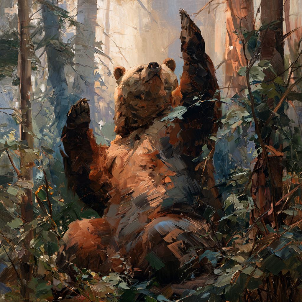 Aquarius 23 - A large brown bear seated upright, both paws raised mid-wave