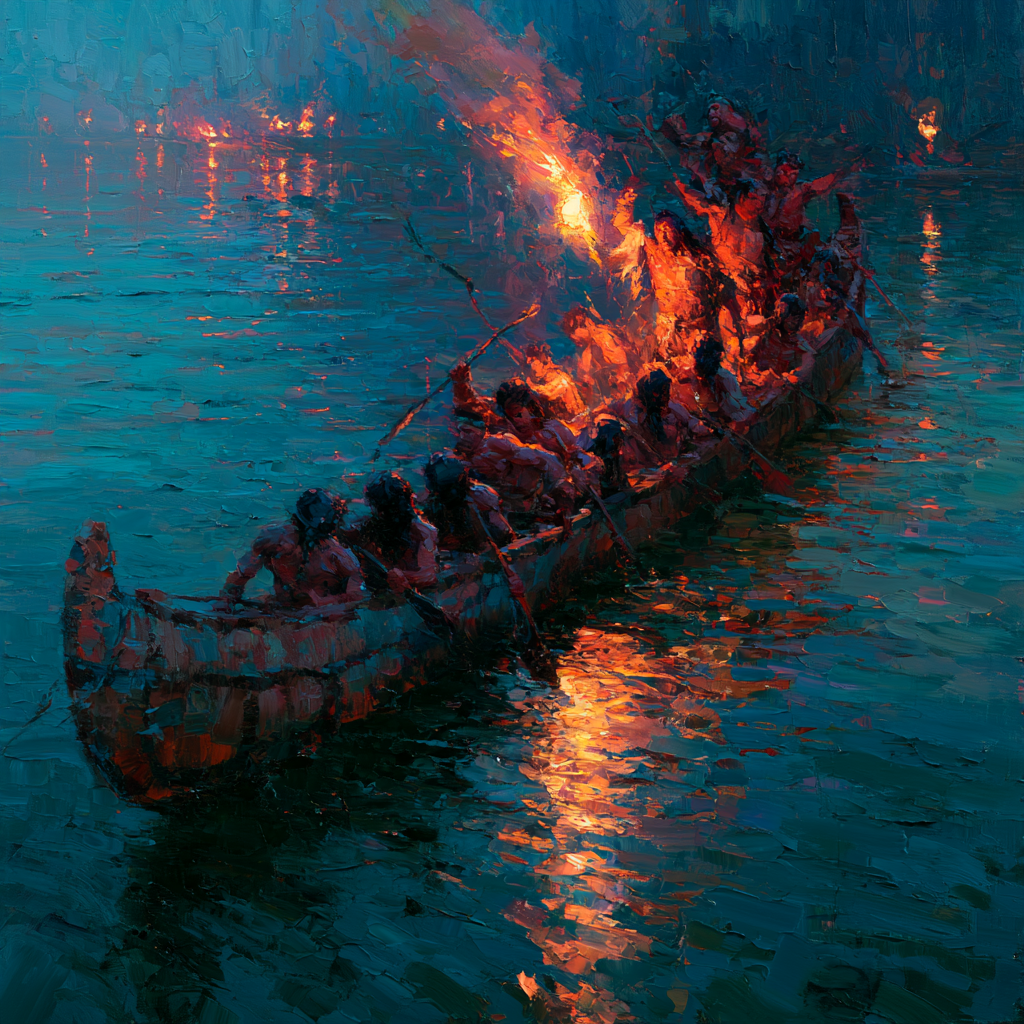 Capricorn 5 - A large canoe filled with warriors moving swiftly across water at dusk