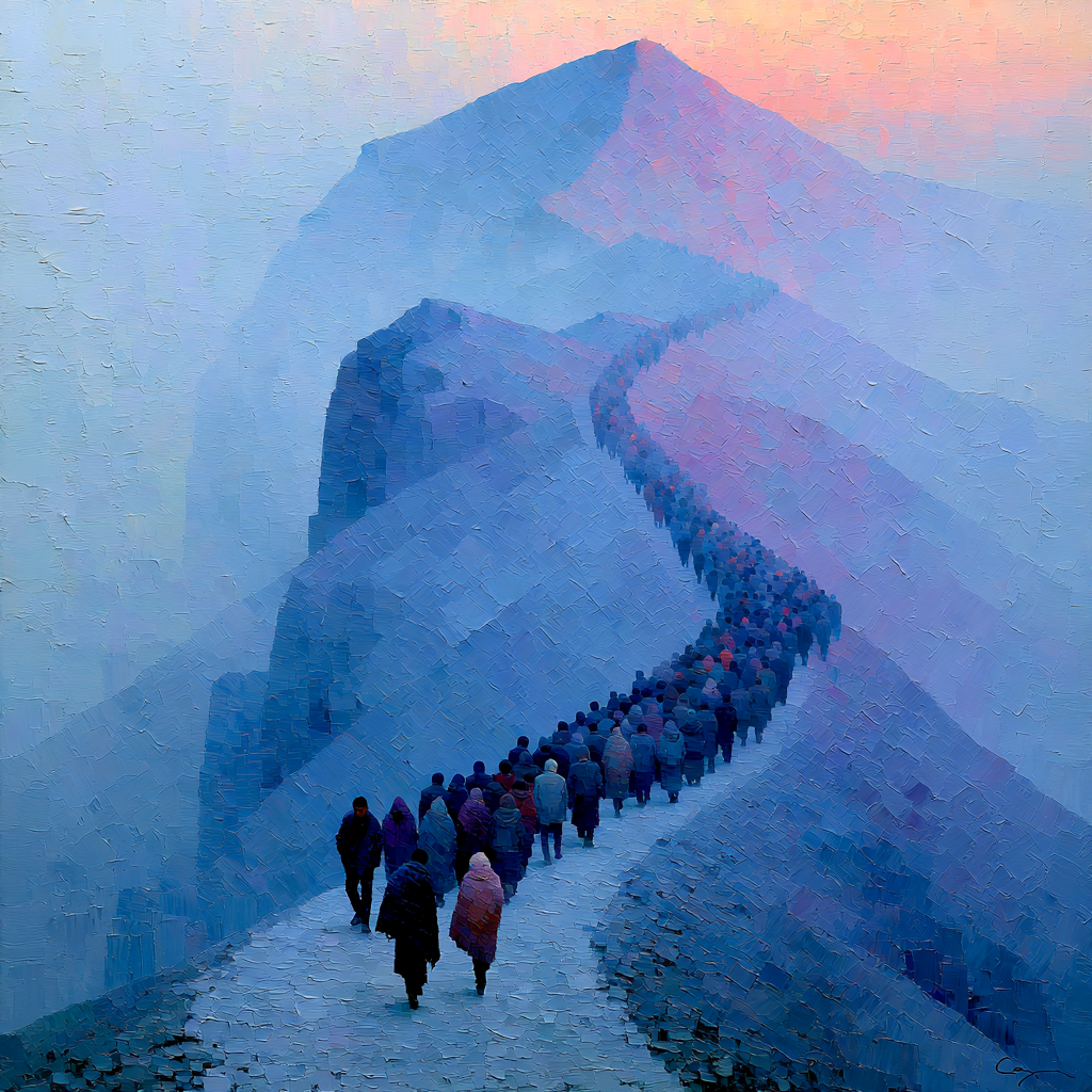 A large crowd descending a winding mountain path at dusk