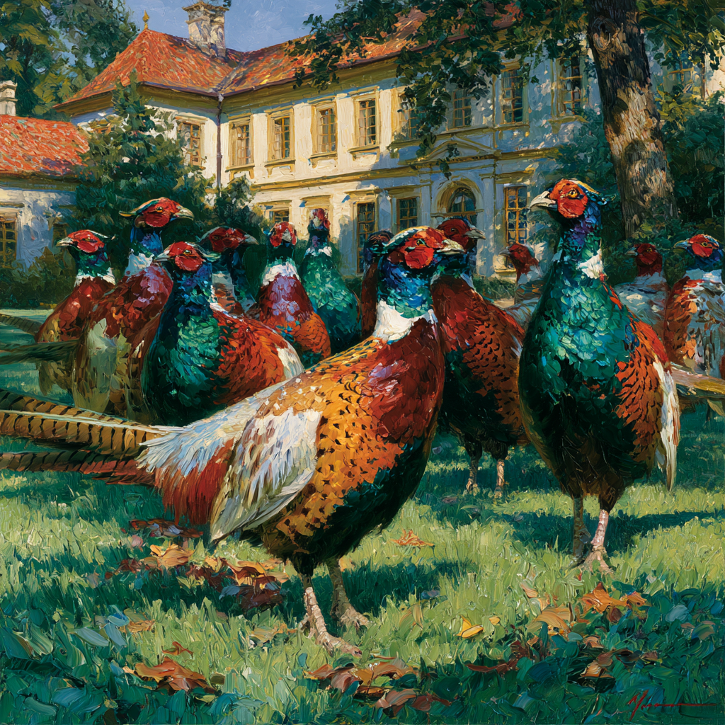 Capricorn 11 - A large group of ornate pheasants with brilliant plumage gathered on the manicured grounds of a private estate