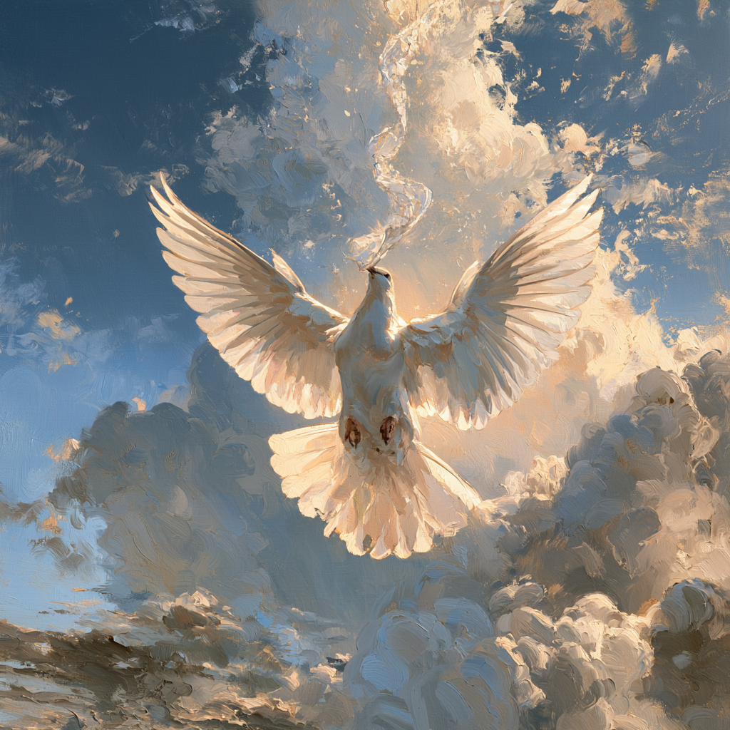 Aquarius 20 - A large, luminous white dove descending through soft clouds with a scroll or message in its beak