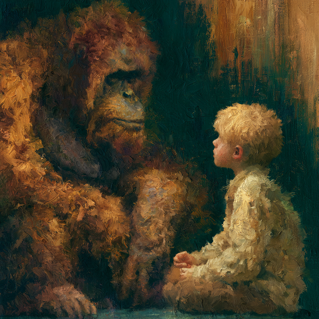 A large orangutan facing a little boy, they are observing each other in peace
