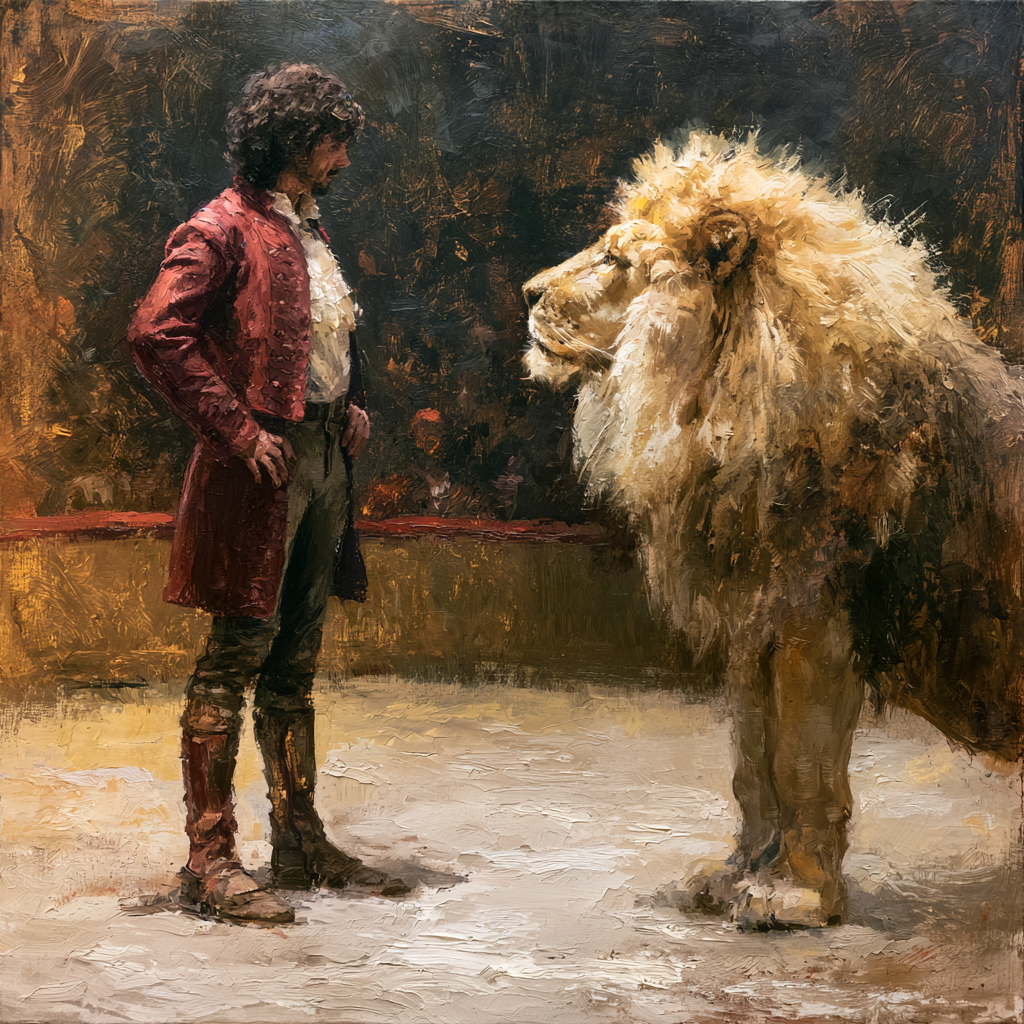 A lion tamer standing in a circus ring facing an elegant and powerful male lion at close range