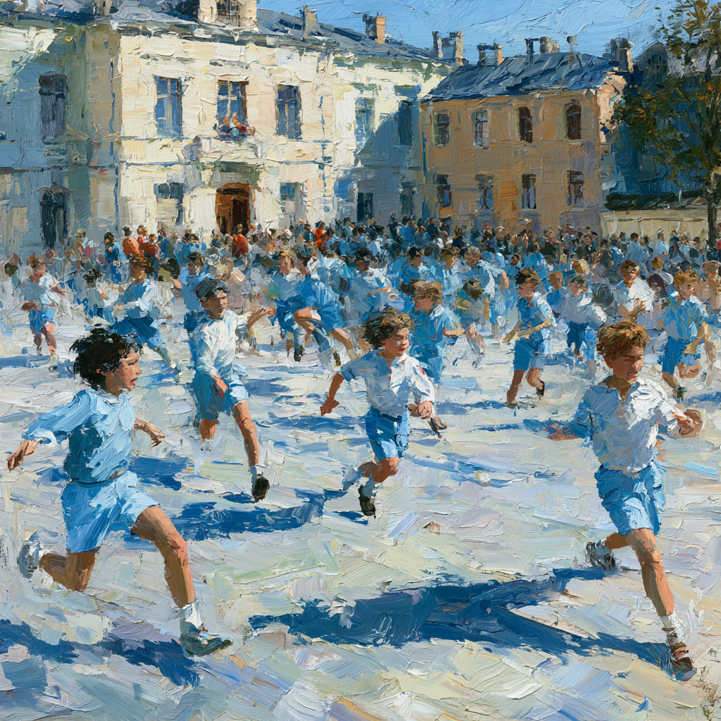 Capricorn 16 - A lively school courtyard filled with children in matching gym suits