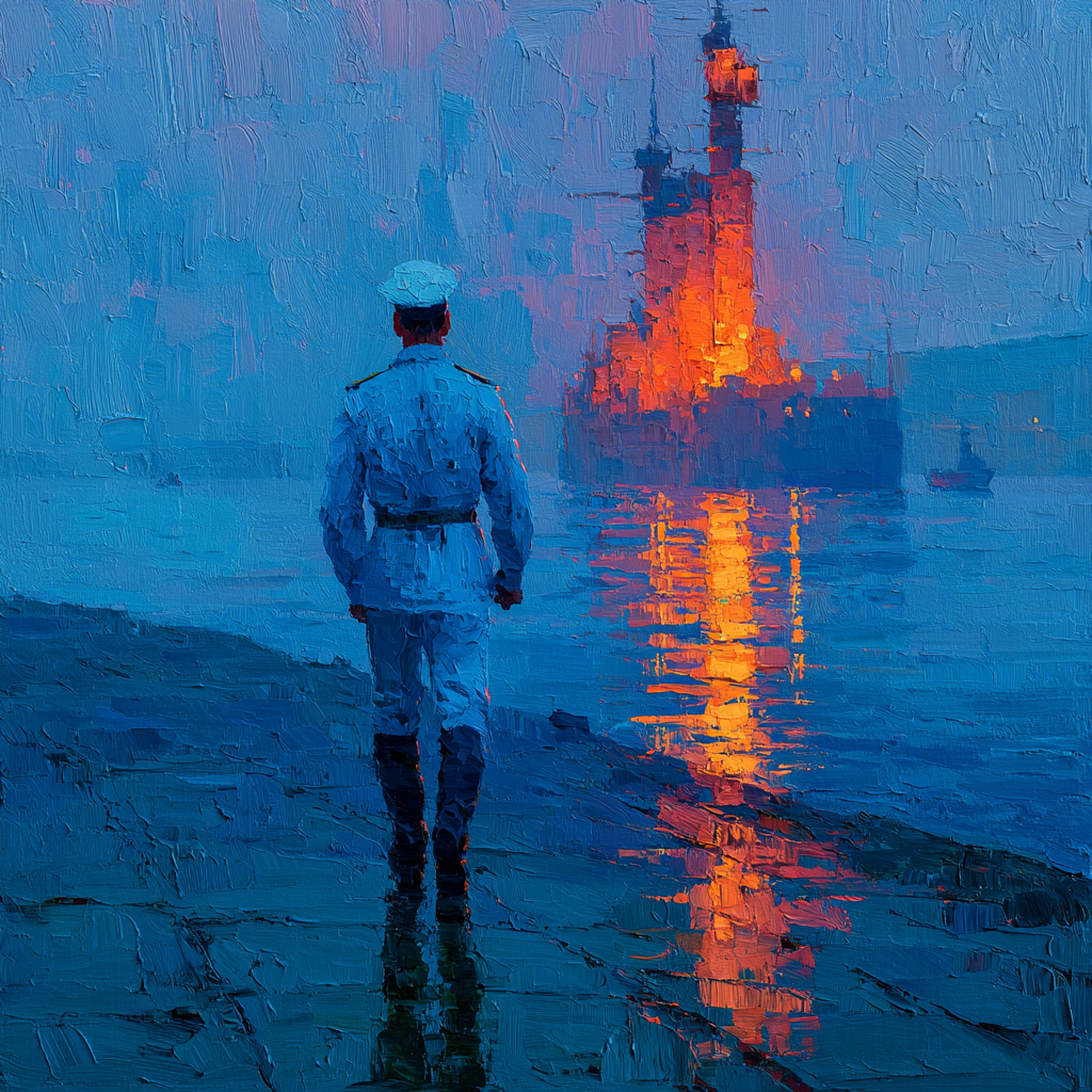 Aquarius 3 - A lone figure in a naval uniform looking at a war ship