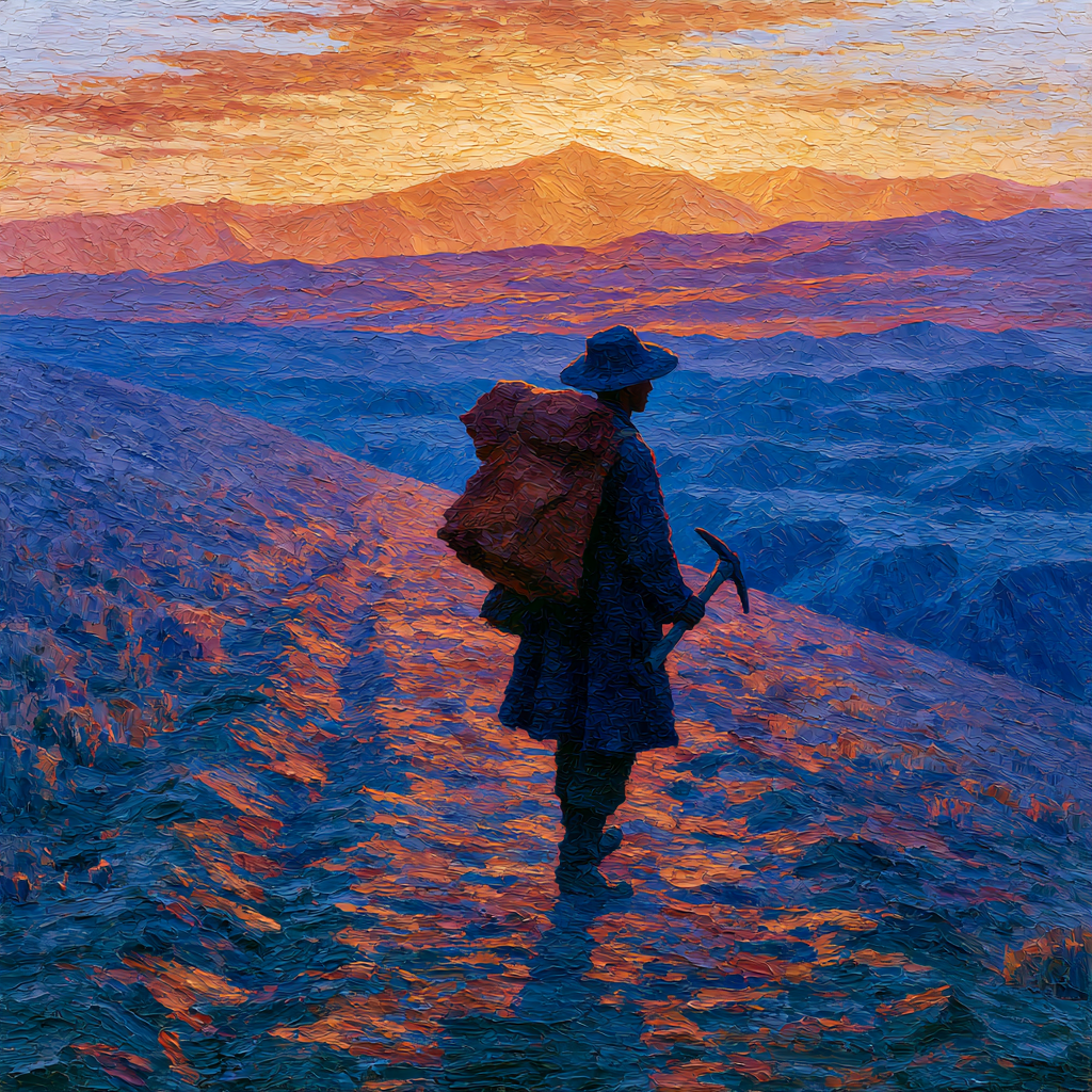 A lone figure with a pack and pickaxe silhouetted against a vast landscape at dawn