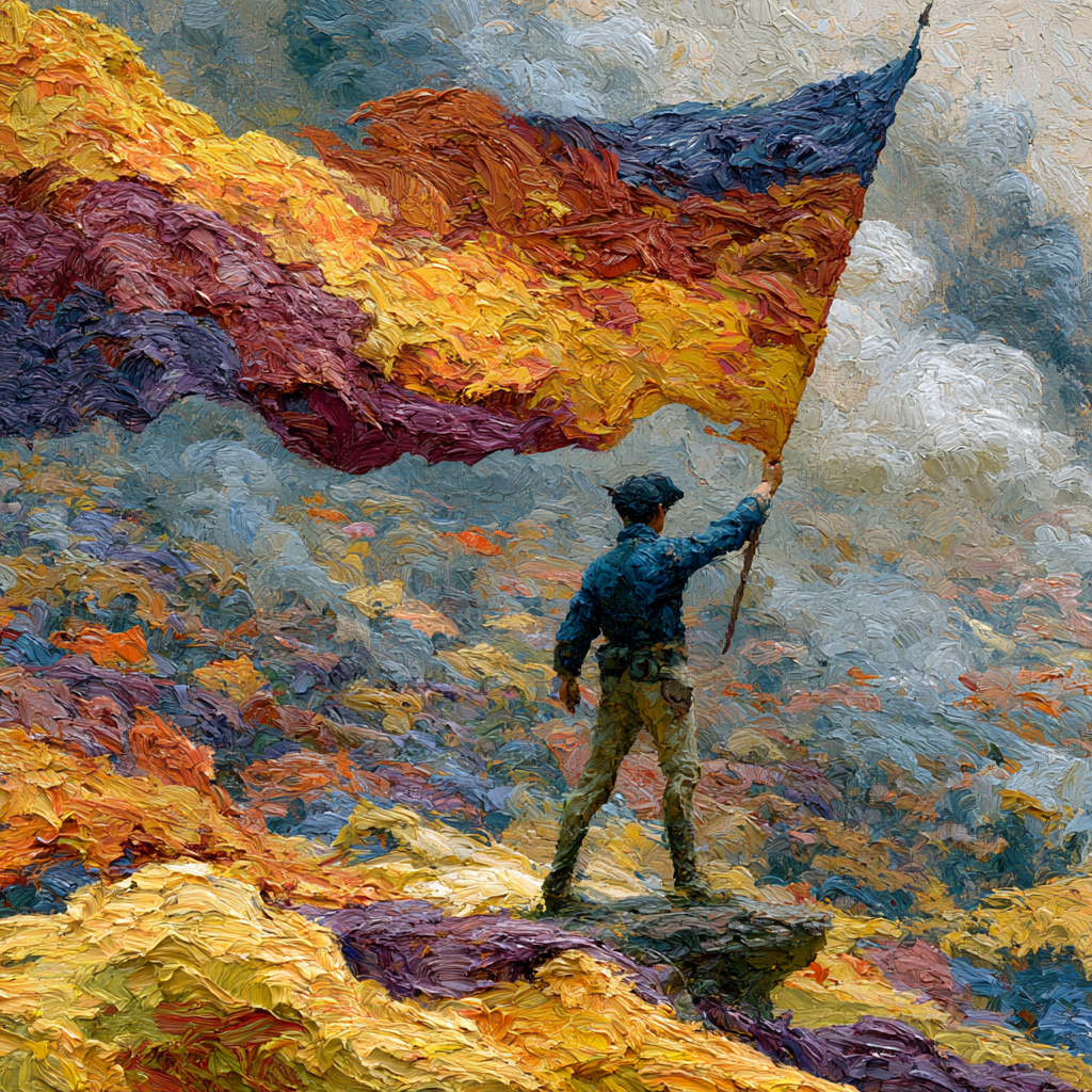 Sagittarius 26 - A lone flag bearer standing amid chaotic battle