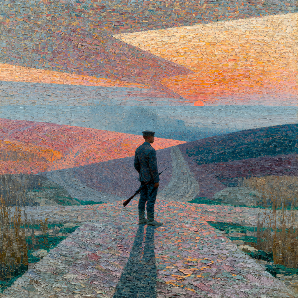A lone soldier standing motionless at a crossroads