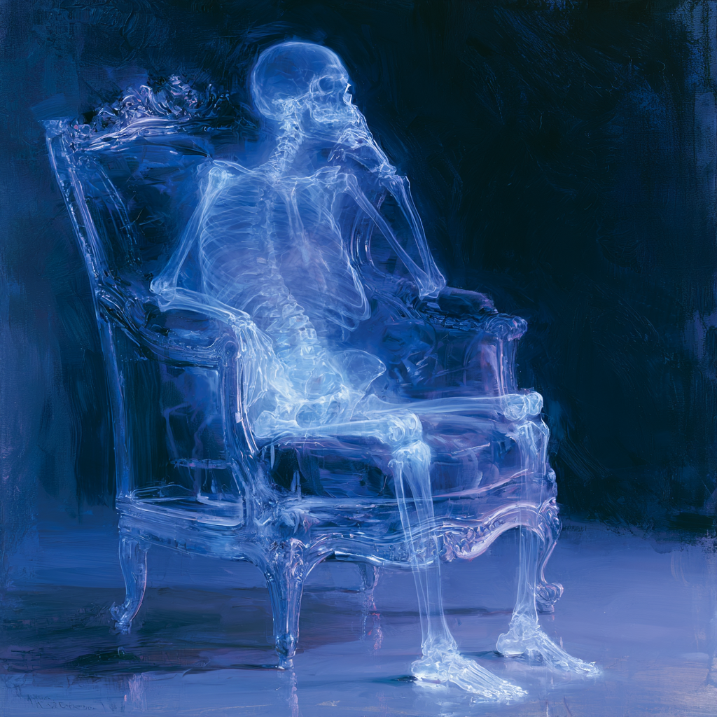 A luminous X-ray image of a human skeleton waiting sitting on a beautiful royal armchair like the "thinker of Rodin" glowing against deep shadow