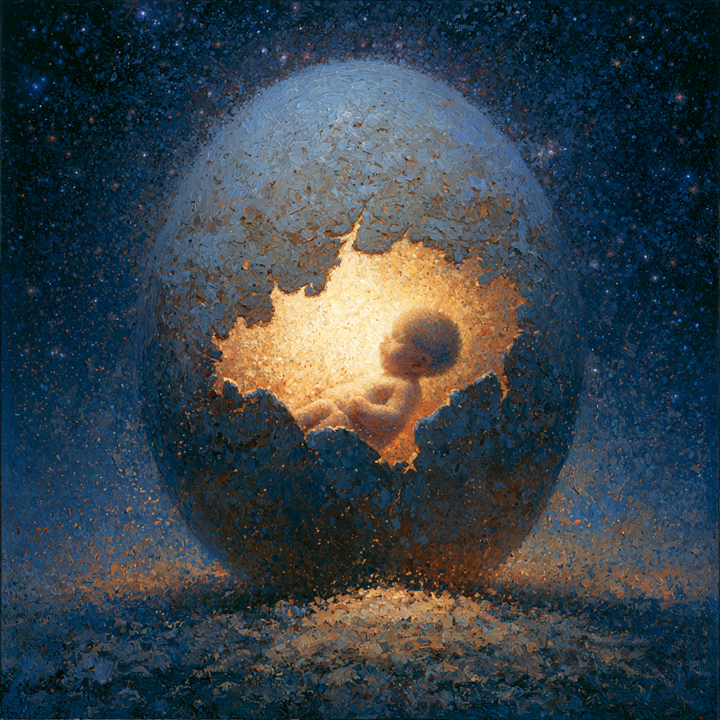 Aquarius 7 - A luminous naked baby emerging from a cracked, glowing eggshell