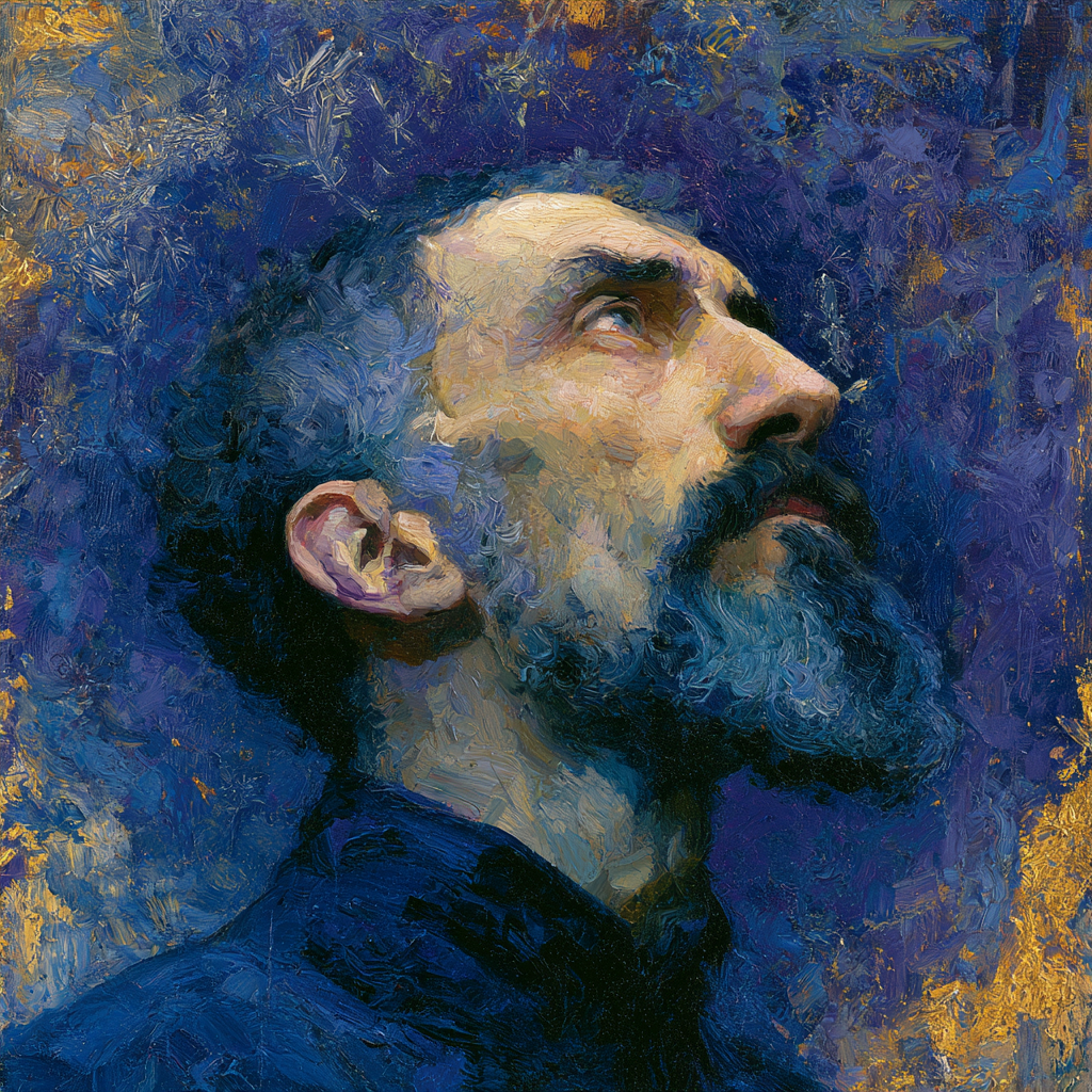 A man in a state of deep interior concentration, his gaze turned inward 