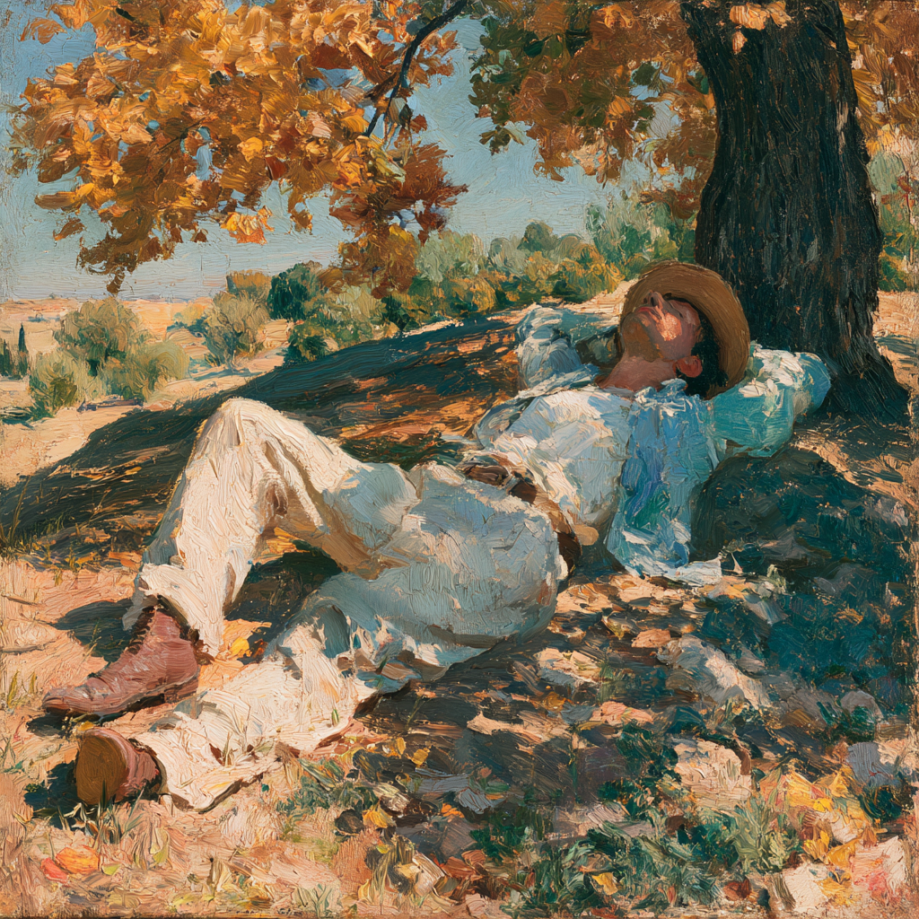 A man lying in the shade of a tree during the heat of the midday,