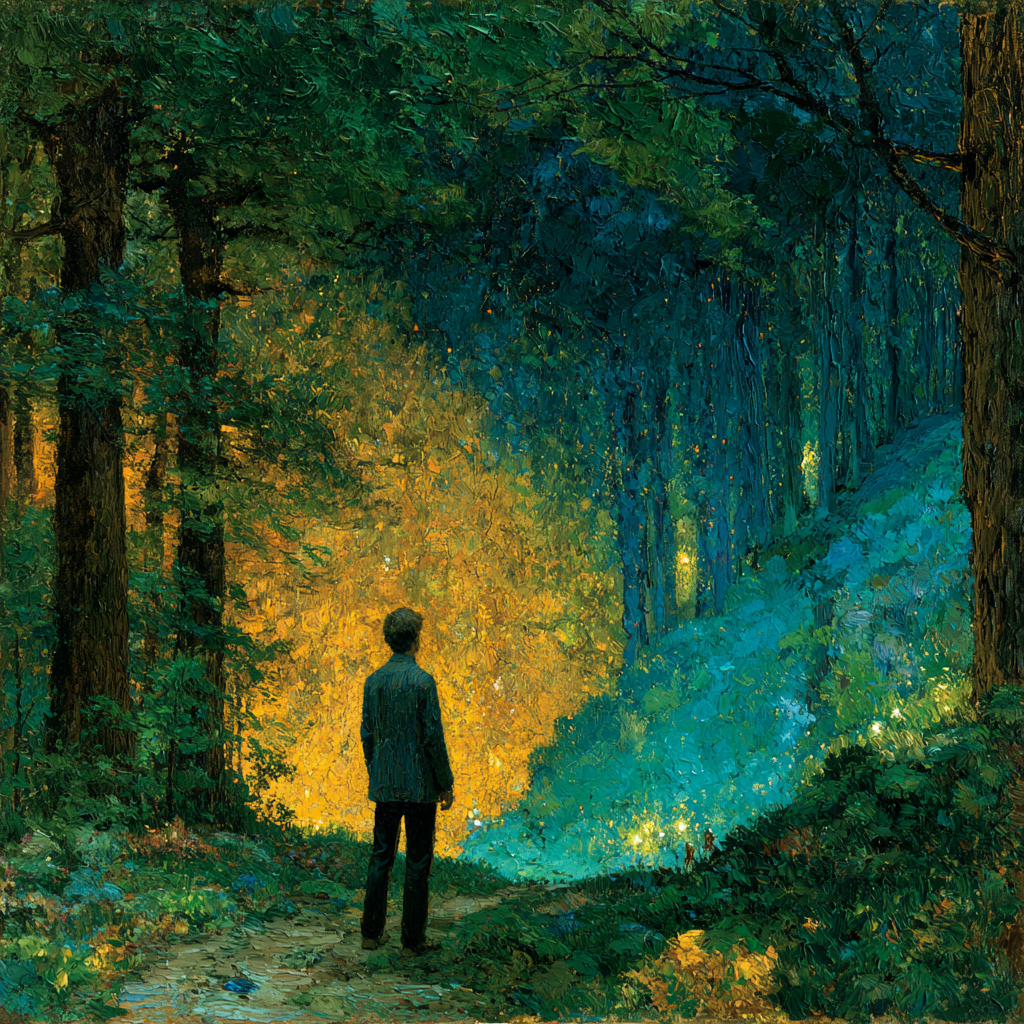 A man standing at the edge of an ancient forest at dusk