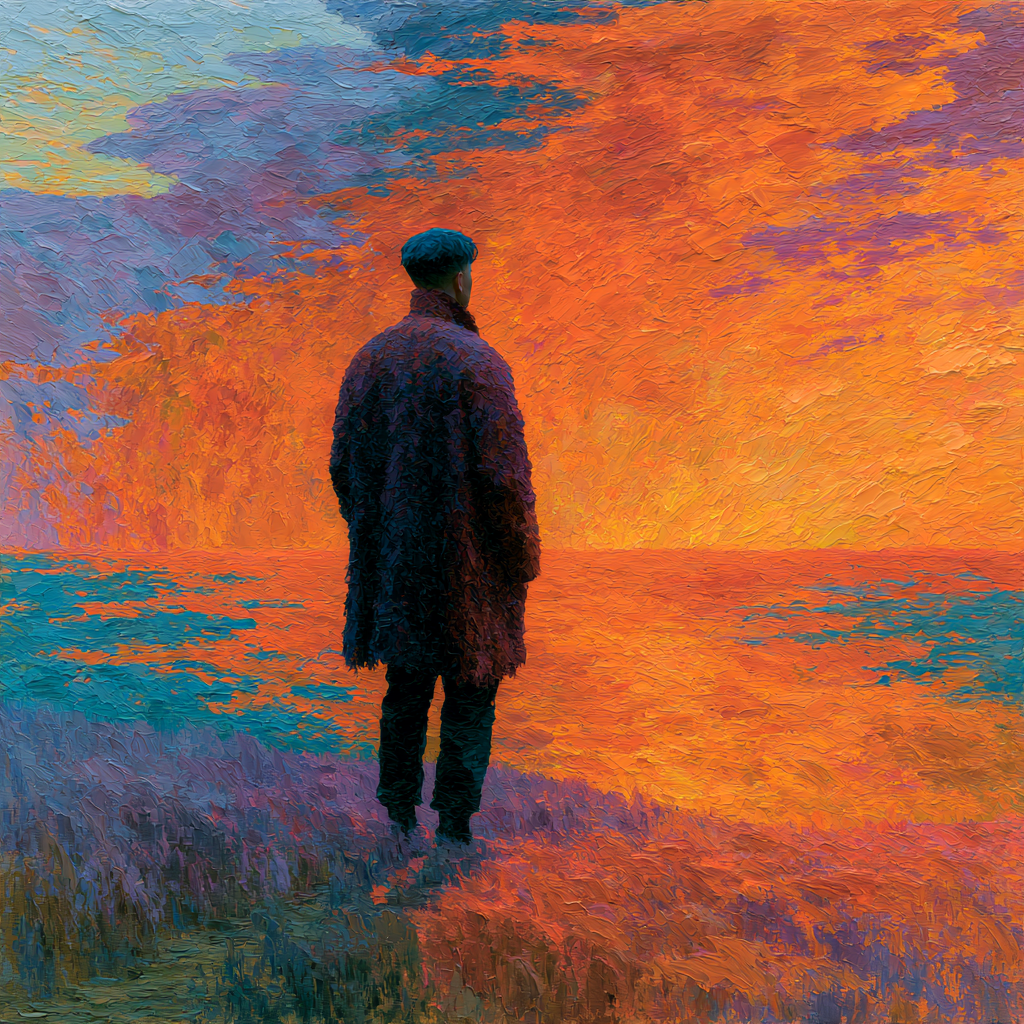 A man standing quietly outdoors as soft, diffuse light gradually brightens around him 