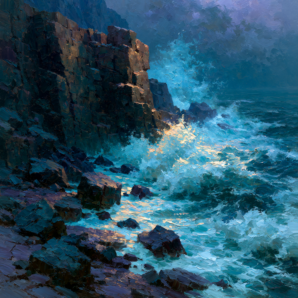A massive, weathered rocky shoreline enduring the powerful crash of ocean waves