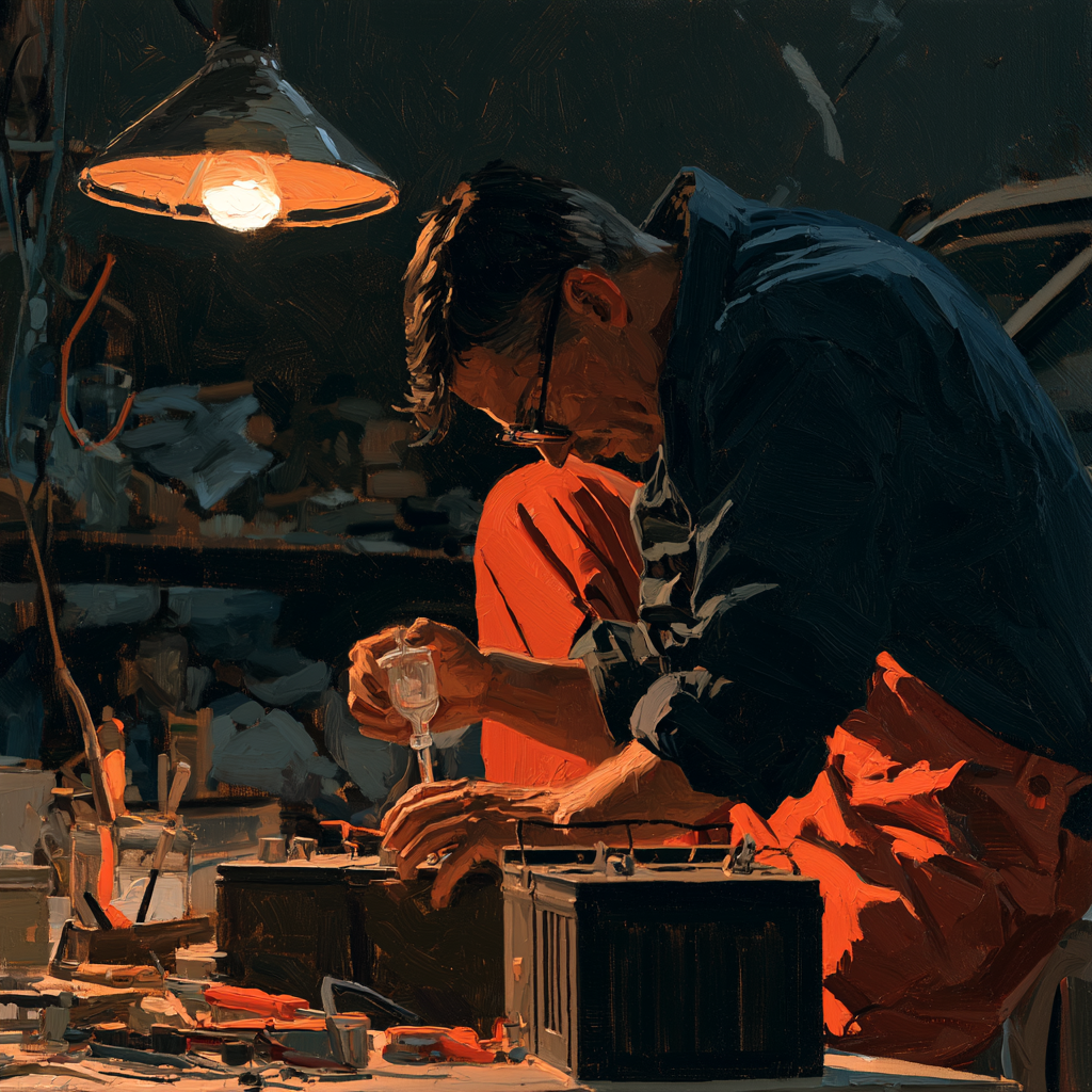 Aquarius 26 - A mechanic in a dim garage carefully testing a car battery with a glass hydrometer