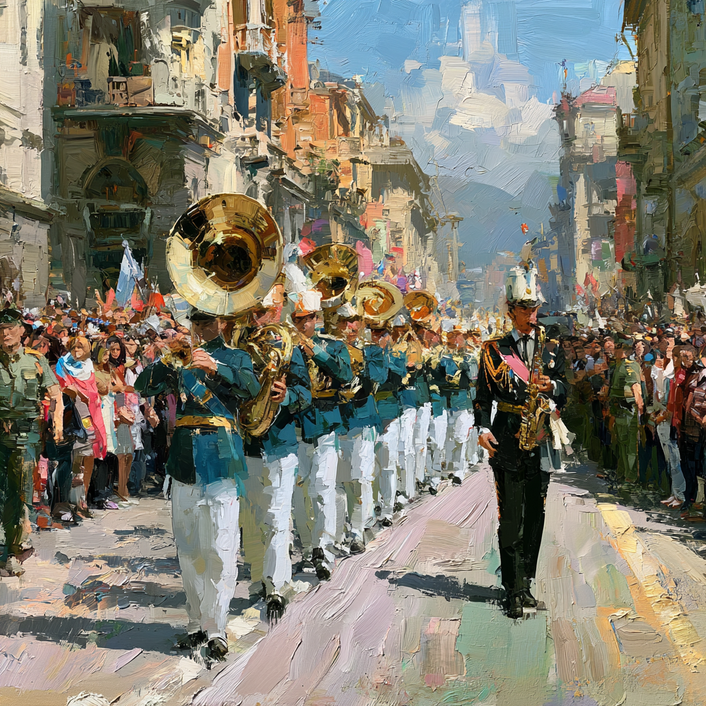 A military band marching in formation through a bustling city street, brass instruments catching afternoon light