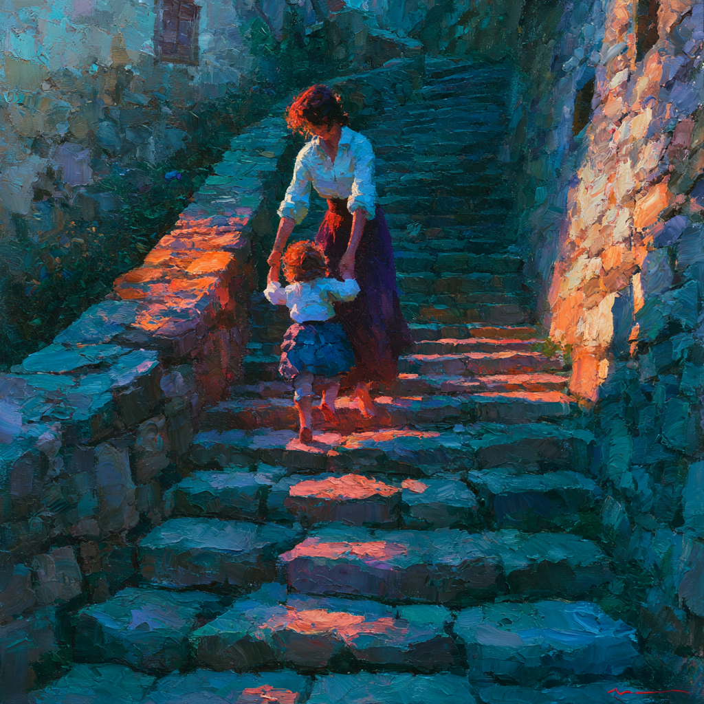 Sagittarius 9 - A mother holding her small child's hand, guiding them carefully step by step up a steep stone stairway